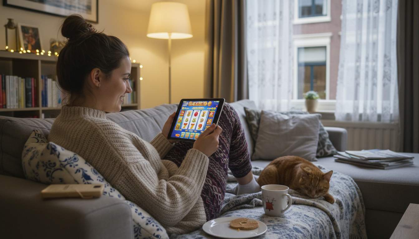 A woman enjoying online slots in a cozy setting